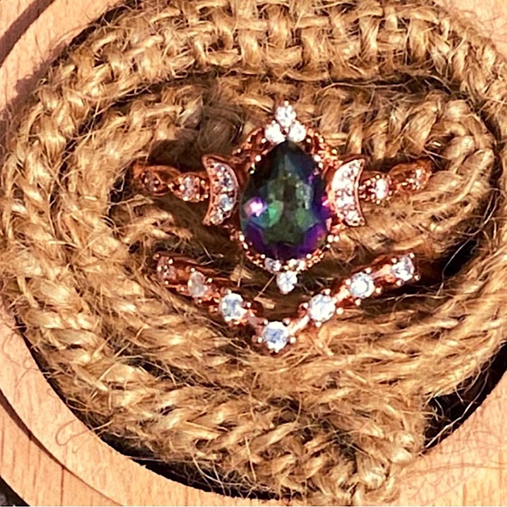 Gothic Wedding Ring Set - Sterling Silver Rose Gold Plated Ring Set